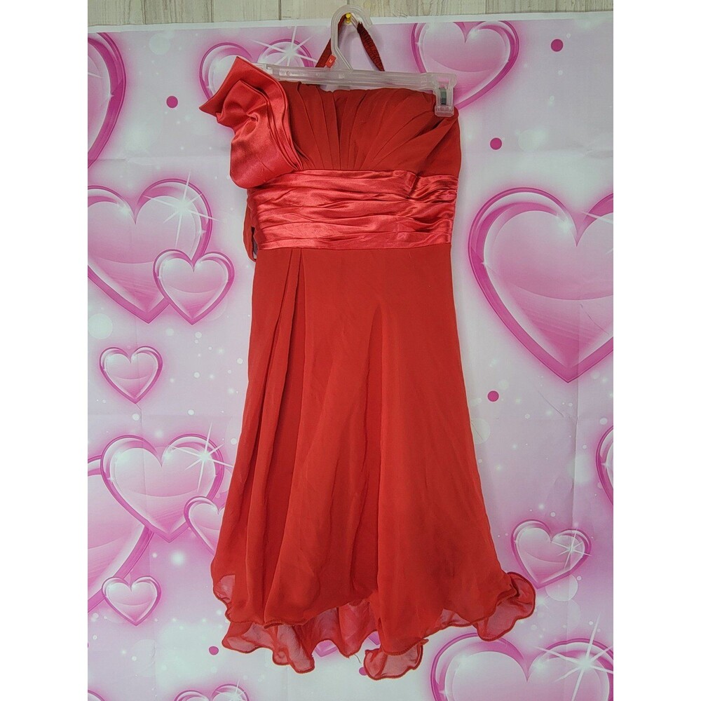 Red One Shoulder Chiffon Satin Trim Fit & Flare Wedding Prom Dress Size 2